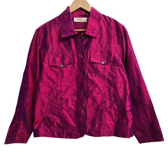 Anu Natural Womens Artsy Minimalist Chic Fushia Irridescent 100% Silk Jacket L - Picture 1 of 12